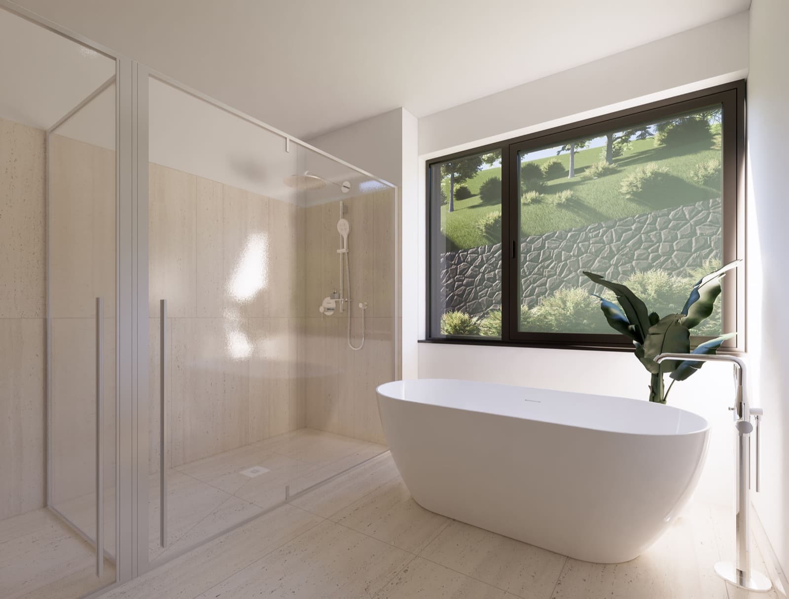 Ausstattungslinie Terra — Masterbad mit freistehender Wanne und Bergblick