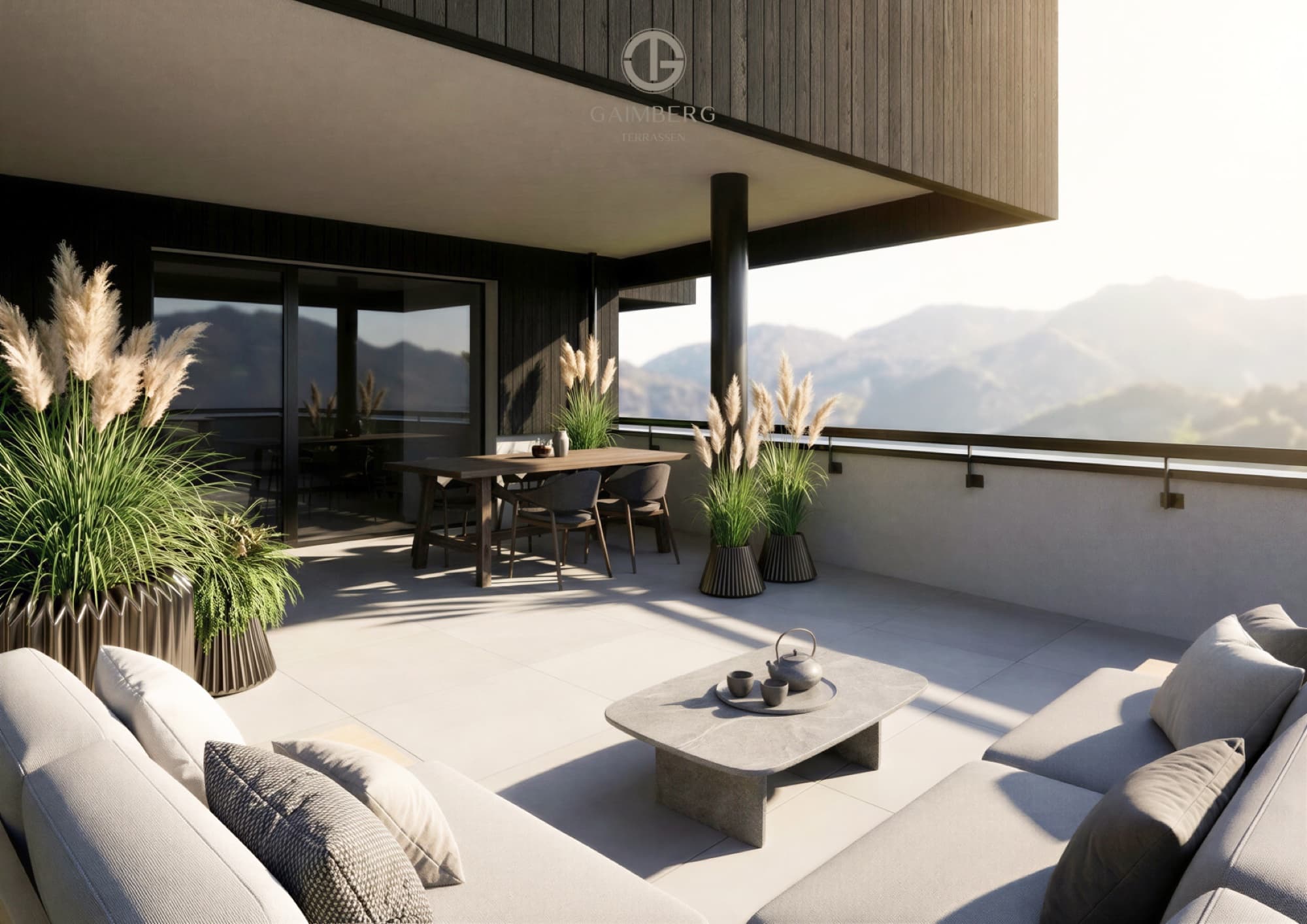Private Terrasse einer Wohnung mit Lounge und Blick auf die Berge